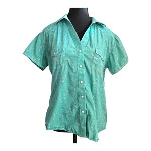 Panhndle Rough Stock Women's Teal Short Sleeve  Button Down Shirt Size L